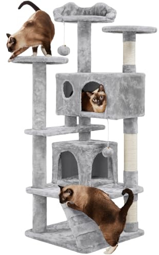 Yaheetech Albero Tiragraffi per Gatti 139 cm con 3 Pali Graffiatoi 3 Posatoi 2 Grotta 2 Pompon in Peluche a Più Livelli Giocattolo Gioco Grigio Chiaro