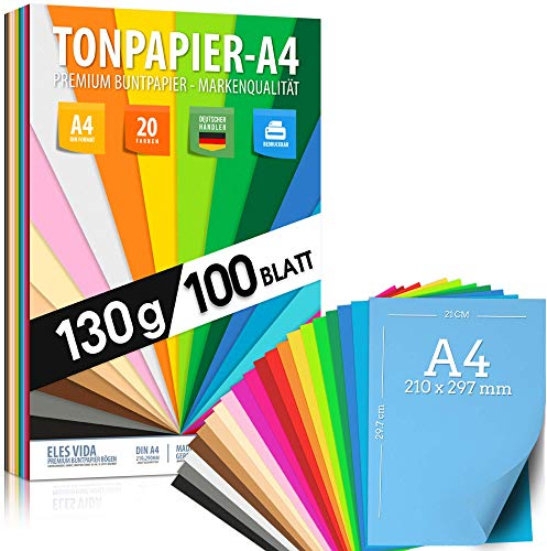 100 Blatt TONPAPIER - Buntes Papier DIN A4-130g/m² Set 20 Farben – Stabil Bastelpapier & Farbige Blätter, Kinder & DIY Bogen, Zubehör zum Basteln - BLAUER ENGEL & PEFC zertifiziert