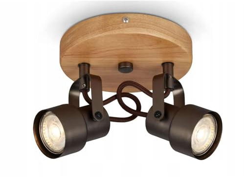 Briloner - Faretto, da parete, lampada da parete retro, vintage, faretto girevole e orientabile, 2 x GU10, 5 Watt, 460 Lumen, 3000 Kelvin, legno e metallo, grigio anticato, Ø15,5 cm