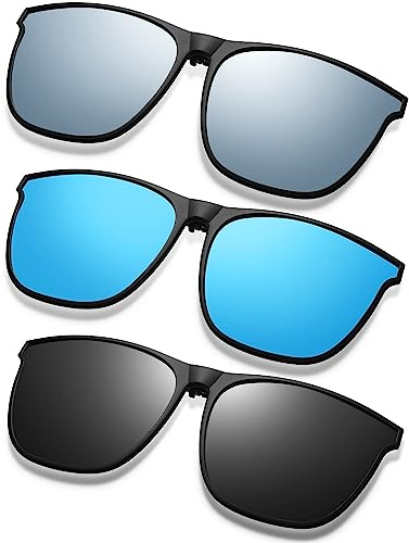 Frienda 3 Pair Oversize Clip-on Sunglasses Large TR90 Frame Flip up Driving Glasses for Women Men(Black Gray, Blue, Silver)