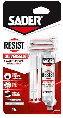 Sader Resist Universelle – Colle Bi-Composants type Epoxy – Colle de Réparation Tous Supports – Intérieur/Extérieur – Couleur : Translucide – 1 Seringue de 10 g (+ 3 embouts mélangeurs)