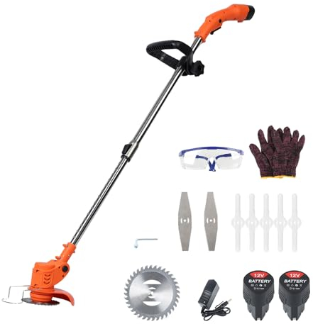 Weed Eater, Electric Weed Mower Cordless Trimmer, Telescopic Rod Home Weed Eater Cutter, Rechargeable Handheld Lawn Mower with 2 Batteries (Orange)