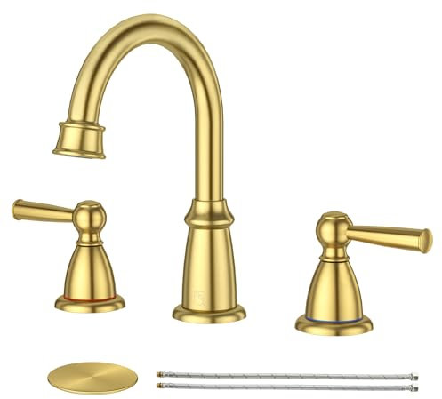 CREA Gold Bathroom Faucet 3 Hole,2 Handles 8 Inch Widespread Bathroom Faucets with Drain,360°Swivel 3 Pieces Brushed Gold Faucet for Bathroom Vanity Basin Mixer Tap(cPUC Supply Line)