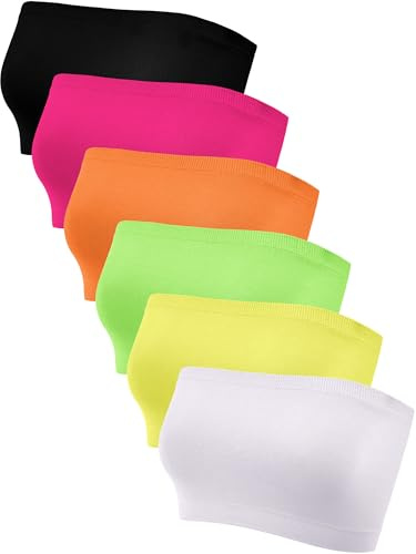 Geyoga 6 Pieces Strapless Bandeau Seamless Bralettes Stretchy Non Padded Tube Bra for Women(Large,Dopamine Color)