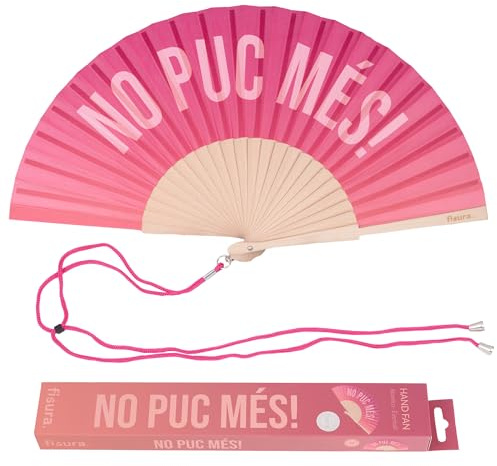Fisura – Abanico original con mensaje “no puc més!”. Colgador incluido. | Abanico de madera moderno y colorido. Ventilador de mano rosa degradado. Medidas: 42,5 x 23 cm