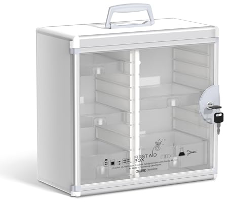 Glosen Lockable Medicine Cabinet Organizer, Bathroom Medicine Storage Box Wall-Mounted, Portable Medication Lock Box with Key 13.58 * 6.50 * 12.40 Inches (White, Small)
