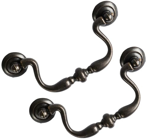 HOUSEHOOK Oil Rubbed Bronze Drop Bail Drawer Pulls 4 Pack, 4 Inch Hole Center, Vintage Cabinet Handles with Traditional Bead Center, Colonial Style Hardware for Dresser or Cupboard