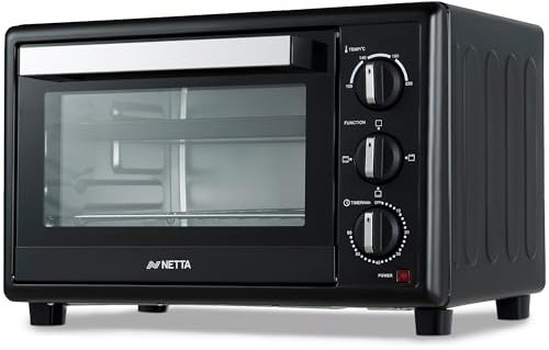 NETTA 30L Mini Oven & Electric Grill - Large Portable Table Top Cooker with 60-Minute Timer & Adjustable Temperature - 1500W Countertop Oven with Baking Tray & Rack - Compact Electric Oven - Black
