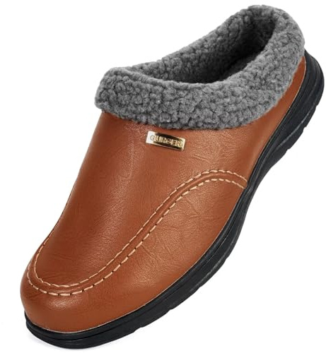 GURGER Zapatillas de Casa Hombre Cuero Invierno Forro Cálido Antideslizantes Zuecos y Mules Peluche Piel Pantuflas, Marrón rojizo 42