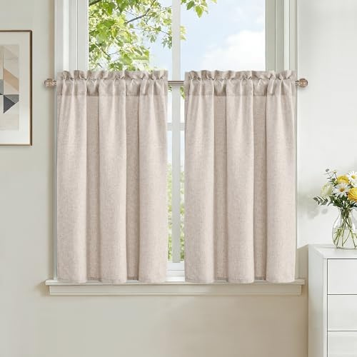DWCN Rideau Cuisine Court Aspect Lin Sable 60L X 90H cm 2 Panneaux à Passe Tringle Petit Fenetre Rideau Brise Bise Filtre de Lumière Rideaux sous Evier Salon Chambre Placard Caravane Salle À Manger