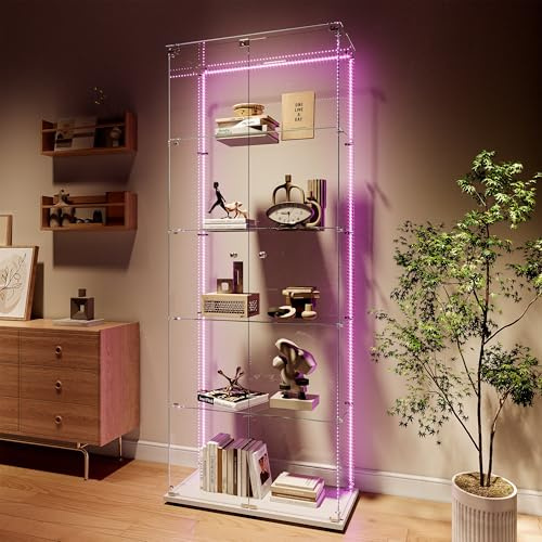 BPKADHY Stående vitrin i glas med LED-belysning, vitrin med glas och 2 dörrar med 5 hyllplan, samlarvitrin för böcker, modeller, leksaker (vit, 2 dörrar, 5 hyllplan + LED-ljuslist)