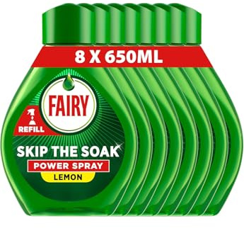 Fairy Skip The Soak Power Spray Refill Citron 8 x 650 ml, förbehandlingsspray för rätter och kök, effektiv på 100% köksfett, anti-fettborttagare, avfettningssprej, snabb och enkel rengöring