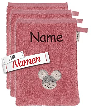 Sterntaler Kinder Waschhandschuh mit Namen bestickt, GOTS zertifiziert Baby Kleinkind Waschlappen personalisiert/Waschtuch zum baden, Geschenk zur Geburt Taufe Ostern Nikolaus (Maus Mabel (3 St.))