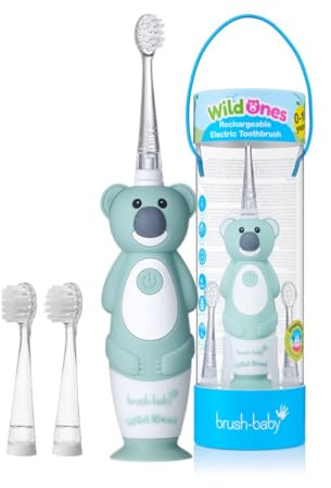 Brush-Baby WildOnes Brosse à dents électrique rechargeable pour enfants, koala, 1 poignée, 3 têtes de brosse, câble de charge USB, pour enfants de 0 à 10 ans, koala