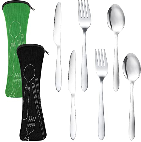 Dacitiery 2 Set Camping Cutlery, Stainless Steel Cutlery Set with Bag, 6-Piece Camping Set with Bag for Outdoor Travel Picnic Office School Lunch Box
