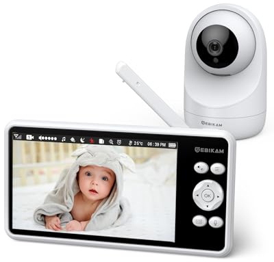 Sebikam Babyphone mit Kamera 5 Zoll 720P HD Bildschirm Video Baby Monitor, 4000mAh Akku PTZ 355° Babyfon, VOX-Modus, Nachtsicht, 2-Wege-Audio, Gegensprechfunktion, Temperaturanzeige, Schlaflieder