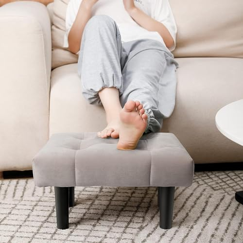 Balama Fußhocker Fußstütze Tritthocker Sitzhocker 37 x 25,5 x 23 cm, mit Holz Beinen, Gepolsterte Sitzfläche, Samt, Grau (Grau)
