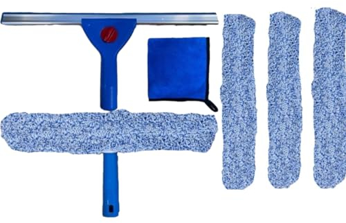 SWISSPACK Squeegee Cleaner and Glass Wiper,14” Professional Window Cleaning Kit Squeegee for Window, Car, Bathroom & Shower 2-in-1 Glass Scrubber Thick Micro Fibre Cloth 30x30 + 3 Scrubbers (4 total)