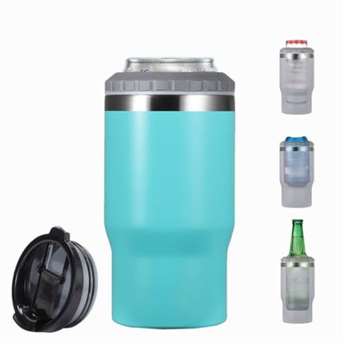 FAMKX 14oz 4 in 1 Stainless Steel Can Cooler Beer Bottle Insulator With 2 Lids for 12oz can&bottle, Double walled insulated Thermocooler &Travel Mug Holder Keeping Your Bevearge Cold (Light blue)