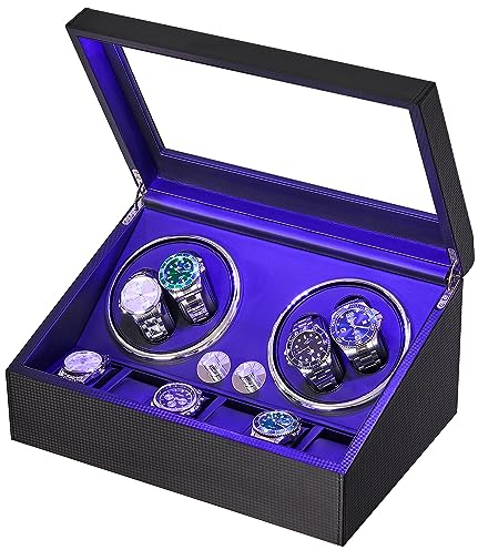 ANWBROAD Scatola Carica Orologi Automatici 4+6 Orologi Ultra-Silenzioso Watch Winder Luce a LED 4 Modalità di Rotazione Lusso Automatico Avvolgitore Orologi Meccanici Fibra di Carbonio JWW002B