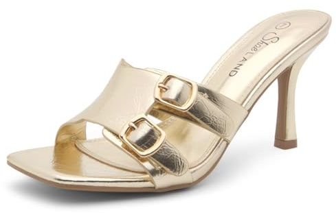Shoe Land Melrose Women's High Heels Stiletto Heeled Slides, Square Open Toe One Band Slip-On Heeled Mules – Dressy Clear Heeled Sandals for Prom Party Wedding and Vacation, 2401Gold, Size 7.0