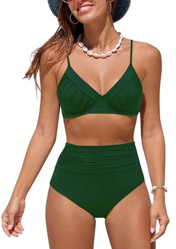 NLAND Traje de Baño de Cintura Alta para Mujer Dos Piezas Push Up Conjunto de Bikini Sexy Retro Bañador Control de Vientre Reductor Natacion(Verde,L)