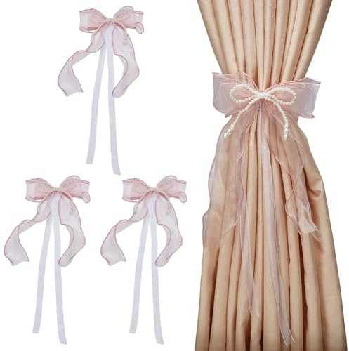 FINGERINSPIRE 4 alzapaños de cortina de mariposa con perlas, rosa brumosa, lazo de perlas, lazos de cortina con lazo, hebilla para decoración de cortinas, cuerda para decoración del hogar