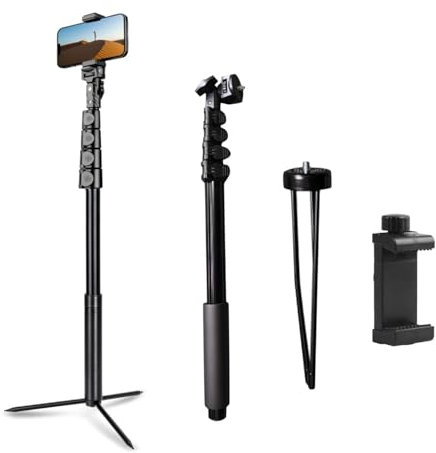 Trípode de 160 cm para Selfies, Monopié para Teléfono Móvil, Trípode de Aluminio con Soporte Giratorio de 360° para iPhone 16 15 14 13 12 Pro MAX Plus para Creación de Contenido, Vídeos y Videoblogs