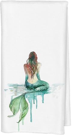 Qabliqo Mermaid Bathroom Hand Towel, Mermaid Bathroom Decor, Coastal Beach Hand Towels for Girls Bathrooms, Fantasy Green Ocean Fish Tail Beach Kitchen Dish Tea Towels, 16x24 Inch