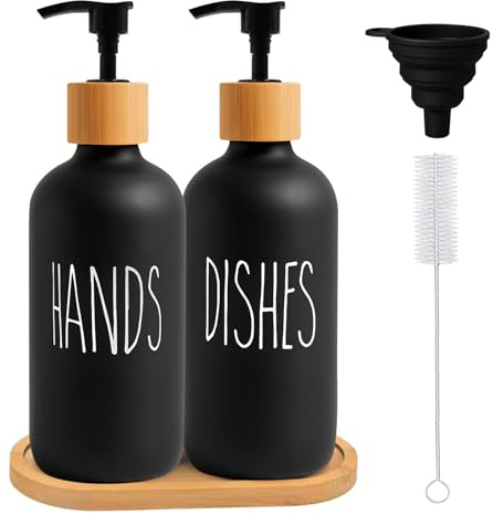 Maxumille 2 Stück Seifenspender Schwarz 500ml mit Tablett Trichter, Spülmittelspender Küche, Glas Handseifenspender, Shampoo Spender Flaschen zum Befüllen Soap Dispenser für Dusche Badezimmer