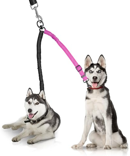 YAODHAOD Double Dog Leash,Two Dog Leash Splitter, No Tangle 360° Swivel Rotation Reflective Lead, Adjustable Length Bungee Heavy Duty Walking Training Dual Extension (Black + Rose red)