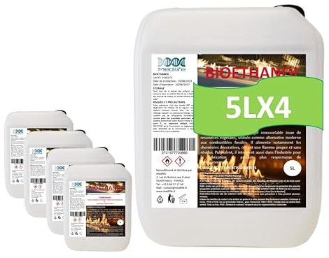 Bioetanol 5LX4 - Premium miljövänligt bränsle för spisar i rostfritt stål - ren låga, utan lukt eller rök - växtresurser - hög prestanda (5LX4)
