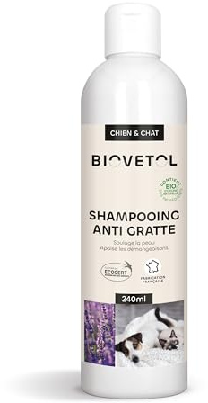 Biovetol - Shampoing Anti-démangeaisons pour Chien & Chat -Bio Certifiée Ecocert - Soulage et Apaise Les irritations -pH Neutre & sans parabensde Raisin – Conçu et Fabriqué en France - 240ml