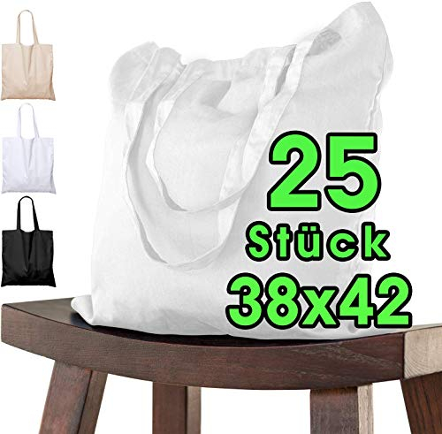 ELES VIDA 25er Set Baumwolltasche 38 x 42 cm unbedruckt, lange Henkel Stofftasche Tragetasche Umhängebeutel Baumwollbeutel Jutebeutel ÖKO-TEX® geprüft Stoffbeutel, Einkaufstasche, Jutebag Weiß