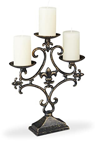 Relaxdays Kerzenständer, 3-armig, Kerzenhalter Stumpenkerzen, Vintage, Gusseisen, HBT 28,5 x 23 x 7,5 cm, schwarz-Gold