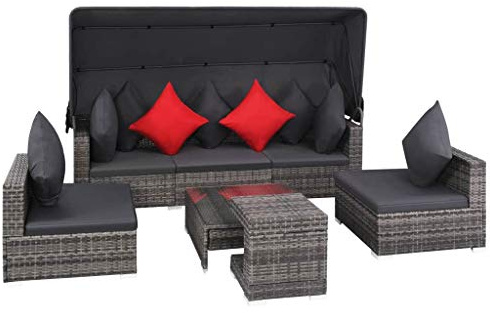KTHLBRH Outdoor in Weatherproof for Patio, Pool or Spa I Rocking Sun Lounger Chair for Sunbathing I Patio Lounge Chair 7 Piece Garden Lounge Set with Cushions Poly Rattan Gray