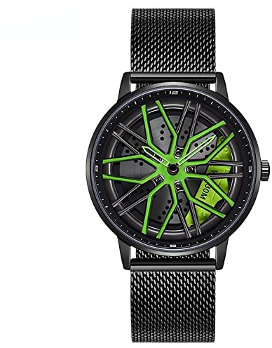 RWXCOW Auto Rad Felgen Nabenuhr - Hohl wasserdicht Sport Uhr für Herren Geschenke Armbanduhren, wasserdichte Edelstahl Armbanduhr, wasserdichte Edelstahl Armbanduhr.GürtelausStahlgewebe(Grün)