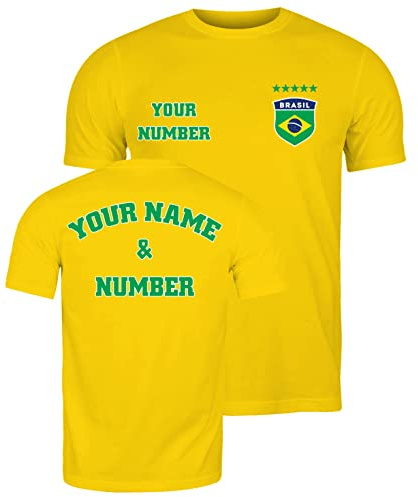 lepni.me Maglietta Personalizzata da Uomo in Cotone | T-Shirt Calcio con Il Tuo Nome e Numero | Brasile Football 2026 (M Giallo Multicolore)