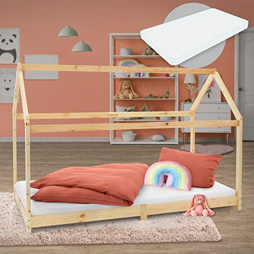 ML-Design Barnsäng 90x200 cm natur med madrass, tak och lamellram, hussäng för tjejer och killar, barnhus av furu, stabil ungdomssäng, massivträ barnsäng, sänghus leksäng