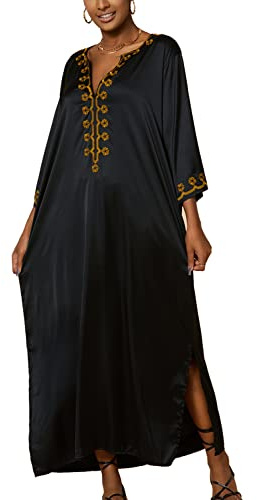 YouKD Vestido de caftán bordado bohemio para playa, salida de baño para bikini, talla grande, ropa de descanso para mujer, K Negro, talla única