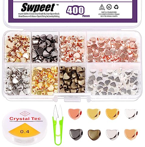 Swpeet 402Pcs 8 Colors Heart Beads for Jewelry Making, 6mm Beads Heart Spacer Small Hole Loose Shaped DIY with Elastic String and Scissors for Bracelet Jewelry Making