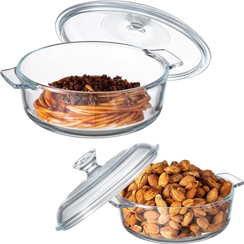 Maxcheck 2 Stück Glas-Kasserolle mit Deckel, Auflaufform mit Deckel, Kochgeschirr, Mikrowellenschüsseln mit Griff, für Küche, Restaurant, Zuhause, Party, Kochen, ofenfest (rund, 0,8 l/1,7 l)