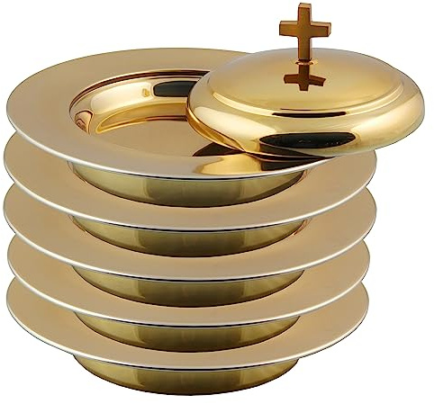 Mayur Exports Communion Ware - 5 piatti da pane impilabili con coperchio, in acciaio INOX (ottone a specchio)