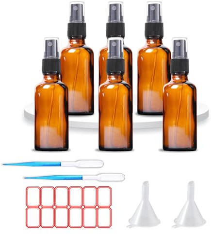 ToKinCen 100ml Braunglas Sprühflasche, 6 Stück Sprühflasche Klein Glas, Nachfüllbar Zerstäuber Sprühflasche mit Trichte Tropferr Etiketten für Kosmetik Parfüm Apotheker Aromatherapie Massage, Haare