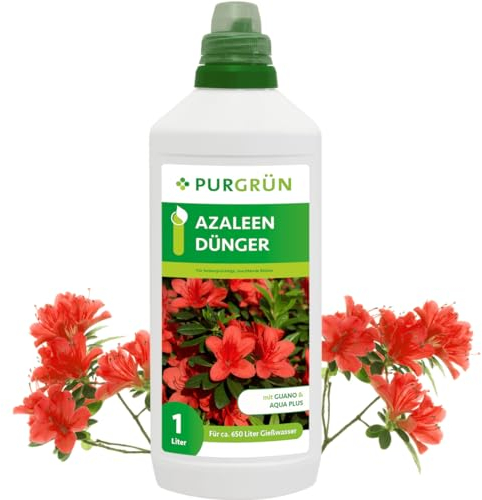 Purgrün® Azaleen-Dünger 1 Liter – Organisch-mineralische Rezeptur – Premium-Flüssigdünger mit Spurennährstoffen – NPK 8+8+6 – Mit Guano & Aqua Plus – Strahlende Blüten & gesundes Wachstum