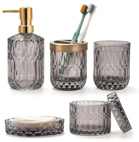 Lot de 5 Accessoires de Salle de Bain en Verre Gris avec Distributeur de Lotion, Porte Savon, Porte Brosse à Dents, Gobelet, Pots de Cotons-Tiges, Décoration de Bain Moderne, Cadeau Vintage