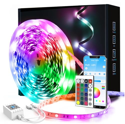 phopollo 20m Led Strip Light for Bedroom, Remote and App Control Bluetooth Connect Music Sync RGB Lights for Room Plug in Self Adhesive (20Mx1)