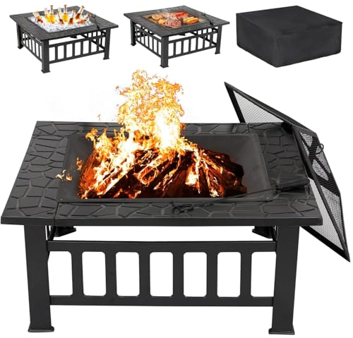 Brasero Exterior Jardin Grande 3 en 1 Chimeneas de Leña para Terraza Estufa al Aire Libre Cesta con Parrilla Pozo de Fuego con Protector de Chispas para Camping Cuenco para Hogueras