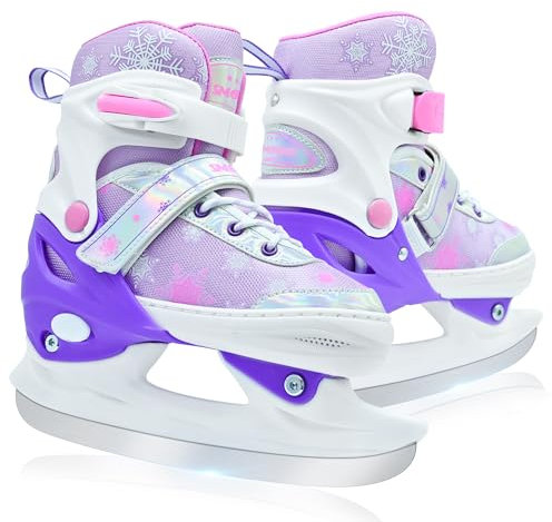 SMOOJOY Adjustable Kids Ice Skates for Girls Boys Comfortable, Smooth Blades Purple Snow Hockey Ice Skating Shoes for Outdoor Indoor Rink, Perfect for Beginner Winter Sports Ages 8-12