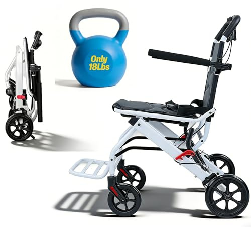 locwanot Fauteuil roulant pliable, léger et portable avec accoudoirs rabattables à 270° et repose-pieds amovible, chaise de voyage ergonomique avec sangle de sécurité réglable pour adultes et